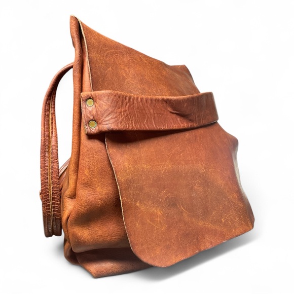Vintage Leather Backpack Slouch Fold-Over Flap, Mailbag , Rustic Brown - Picture 2 of 11